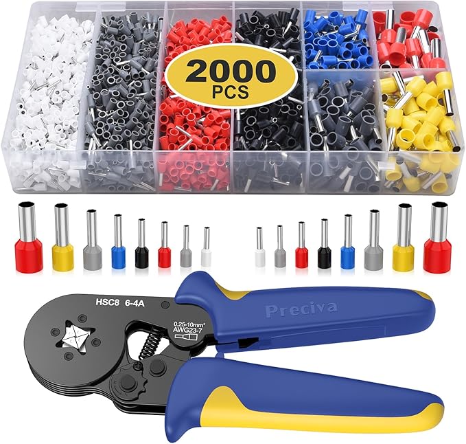 Preciva Ferrule Crimping Tool Kit with 2000PCS Wire Connectors, AWG23-7 Self-adjustable Ratchet Wire Crimping Tool Kit Crimper Plier Set (Blue)