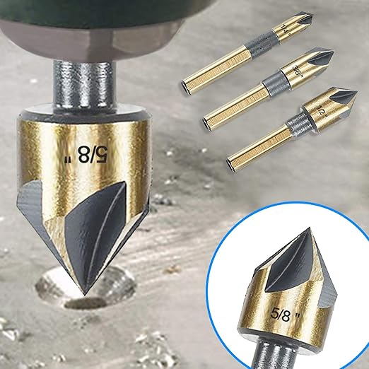 Countersink Drill Bit Set, 5 Pieces High Speed Steel 82 Degree 5 Flute 6mm Round Shank Mill Cutter Bit Countersink in Sizes 1/2" Set with Carrying Case.