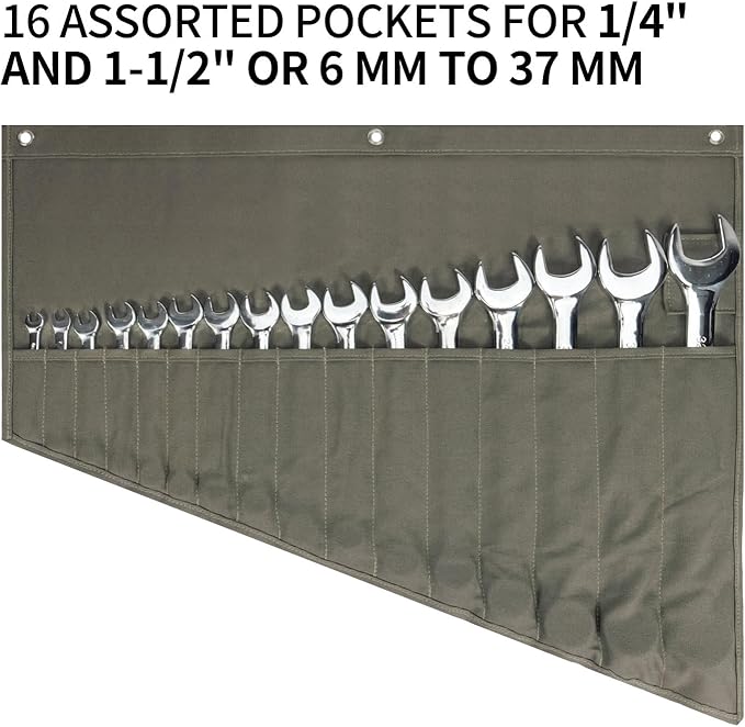 Tool Organizers,16 Pocket Wrench Pouch,Metric or SAE,Wrench Bag and Wrench Roll Up Pouch,Used for Wrench Organization and Tool Storage(Olive color)