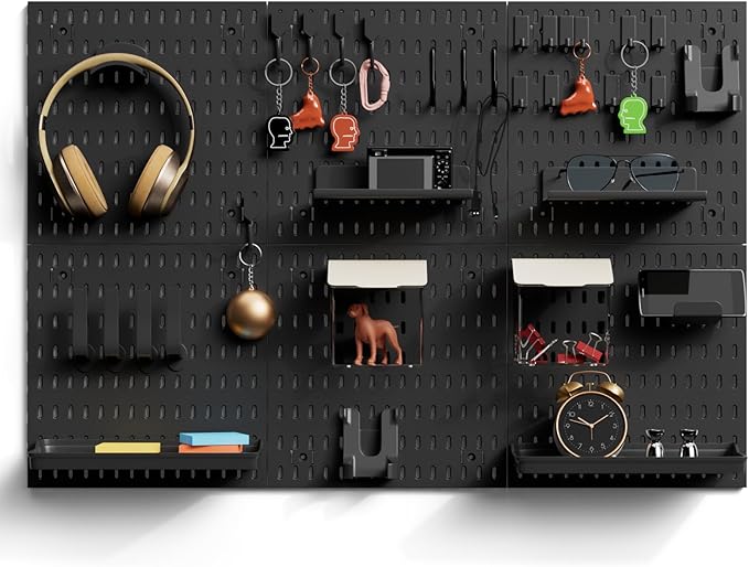 6Pcs Black Peg Board Wall Organizer, Plastic Pegboard Panel, Garage Storage Tool Organizer for Wall, Craft Room, Kitchen, Workshop, Office, Includes Hooks and Bins