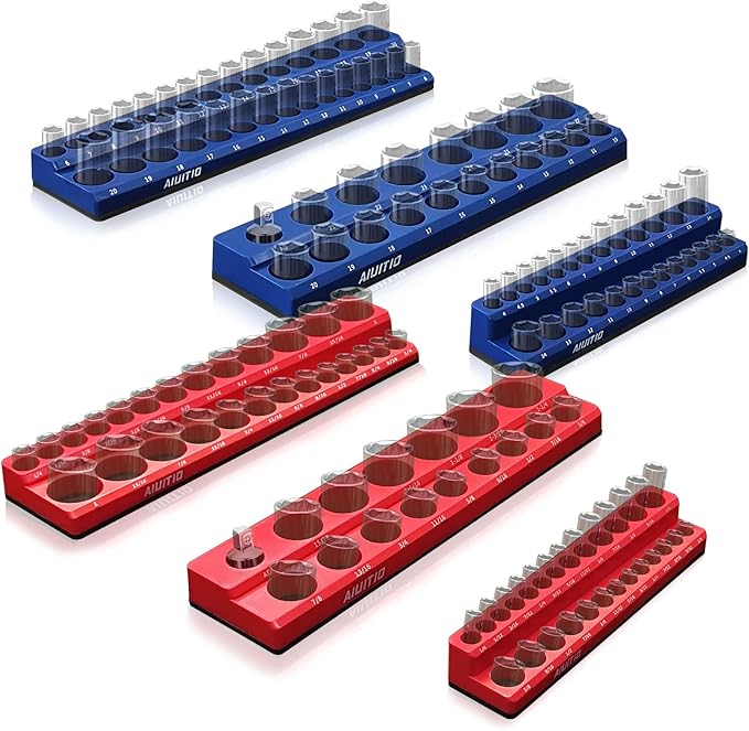 6-Piece Magnetic Socket Organizer Set, Magnetic Socket Holder Includes 1/4", 3/8", 1/2" Drive Metric SAE Socket Trays, Holds 143 Pieces Standard and Deep Sockets(Socket not Included)
