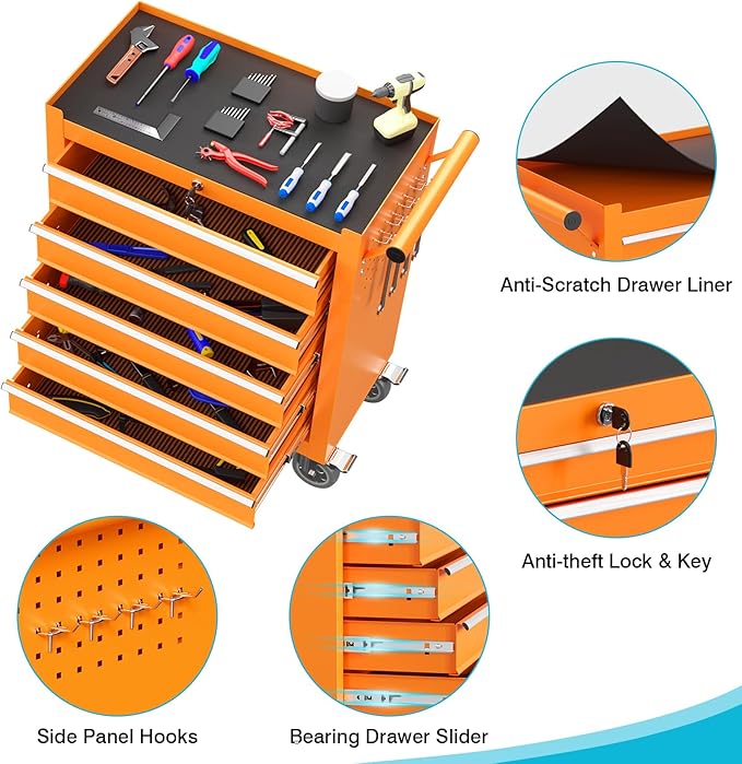 5 Drawers Rolling Tool Chest, Portable Storage Tool Box with Wheels, Tool Chest with Lock for Warehouse, Garage, Repair Shop and Tool Room