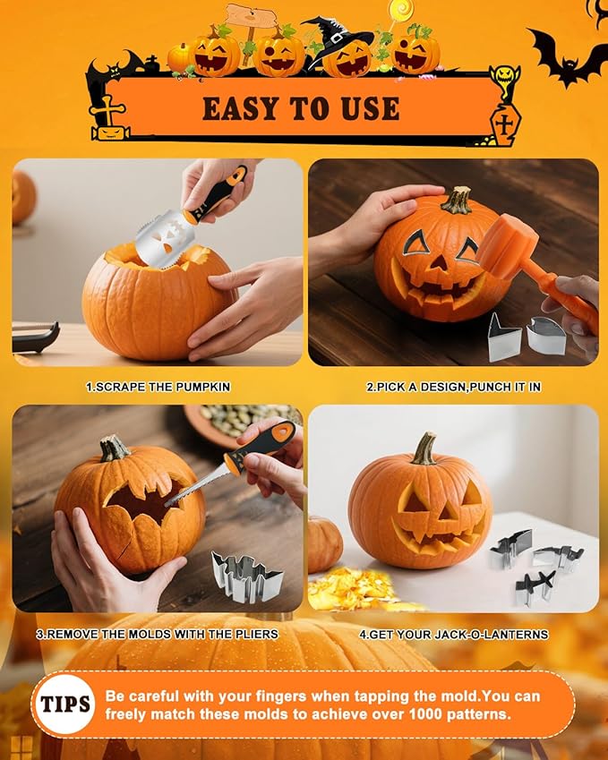 Pumpkin Carving Kit, 21 Pcs Stainless Steel Pumpkin Carving Stencils with 4 Halloween Carving Tools, Easy Safe and Durable for Kids Adults