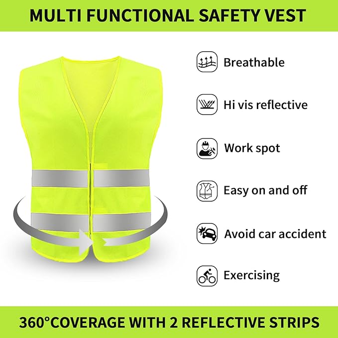 Safety Vest, Reflective High Visibility Construction Vest for Men, Work, Cycling, Runner, Surveyor, Volunteer, Road