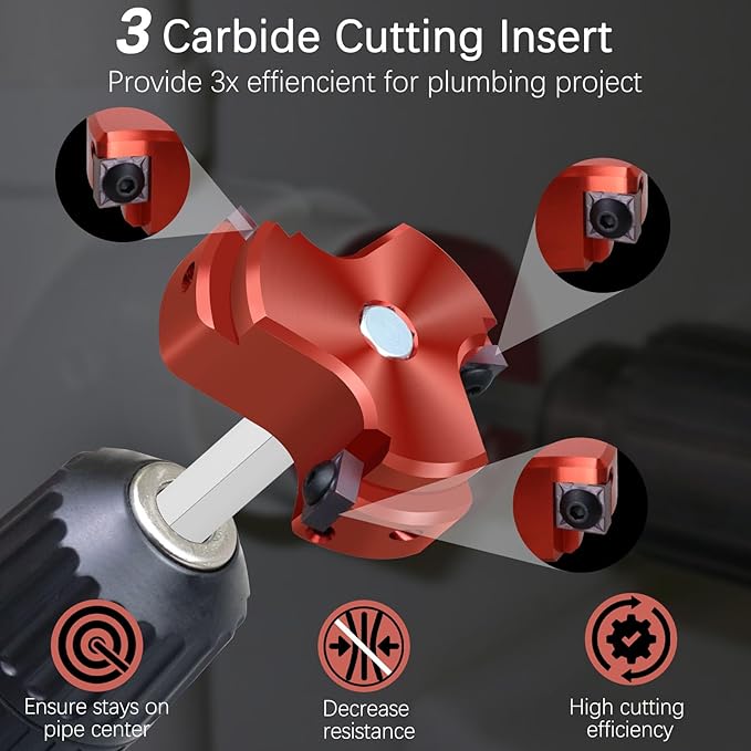 1 Inch PVC Pipe Reamer with Triple Blade, PVC Socket Saver Fitting Saver with 1/4-Inch Hex Shaft, Plastic Pipe Fitting Reamer Plumbing Tool for Sch.40 CPVC ABS Socket Hub,Fit Standard 1/2" Drills
