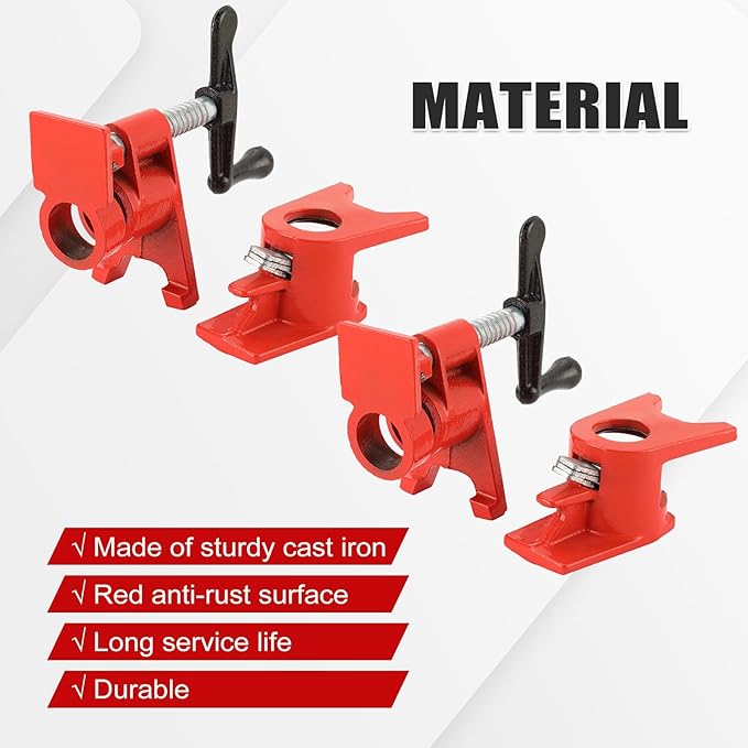 3/4" Wood Gluing Pipe Clamp Set with Unique Foot Design Red Heavy Duty Bar Clamps Cast Iron Quick Release Pipe Clamp Tools for Woodworking (8pc, 3/4" with foot)