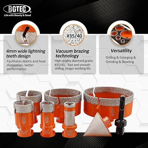 BGTEC Diamond Hole Saw Kit - 8PCS 25/35/50/75/100mm Core Bit + 20mm Finger Bit + 50mm Chamfer Bit + SDS Adapter for Porcelain Tile, Ceramic, Marble, Granite
