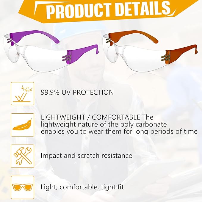 Youyole 84 Pairs Safety Glasses for Men and Women Protective Glasses Bulk Protective PC Lens Unisex Clear Anti Scratch Eyewear Safety Goggle 7 Colors