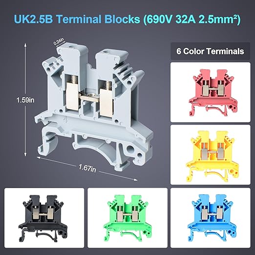 Terminal Block Kit, Rail Combined Terminal Block, Rail Type Voltage Terminal Accessories (Red & Yellow & Blue & Black & Green & Grey)