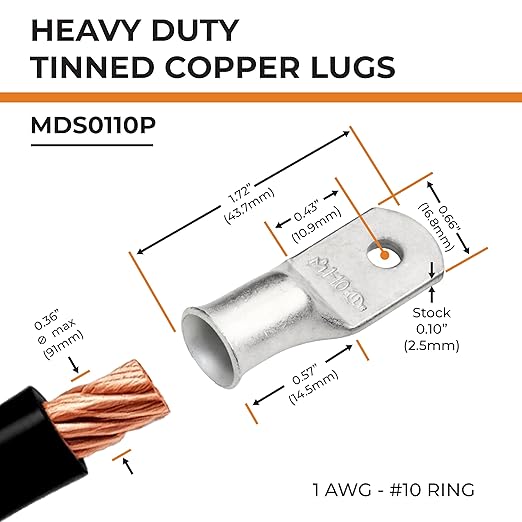 SELTERM 2pcs 1 AWG #10 Stud Tinned Copper Wire Lugs, Battery Lugs, Ring Terminals, Battery Cable Ends, 1 Gauge Ring Terminal Connectors, UL Marine Grade Electrical Battery Terminal Connectors