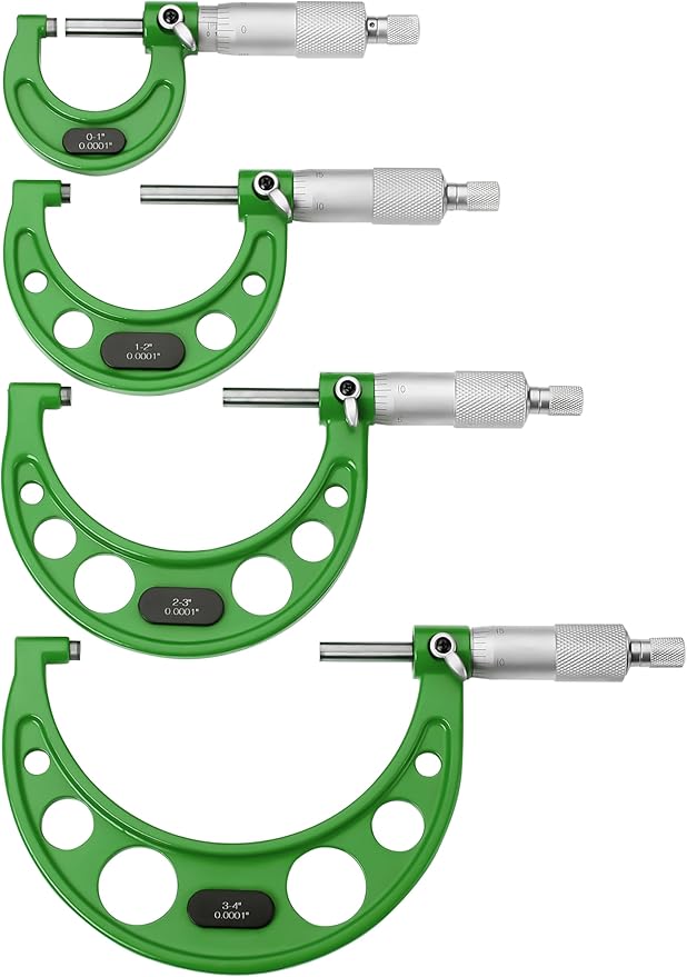 Premium Outside Micrometer Set 0-4" / 0.0001" (0-1"/1-2"/2-3"/3-4") Precision Machinist Tools w/Carbide Tips, Standards, Ratchet Stop, Green