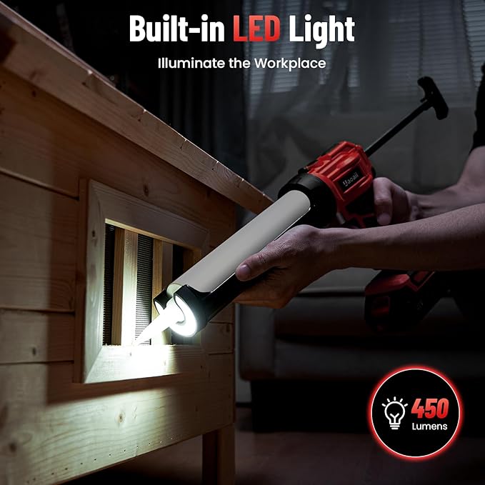 Electric Caulking Gun, Cordless Caulking Gun with 2x 2000mAh Batteries, 9Pcs Silicone Caulking Tools, 4 Adjustable Speeds, LED Light, 10OZ Battery Silicone Gun for Filling, Sealing (Red)