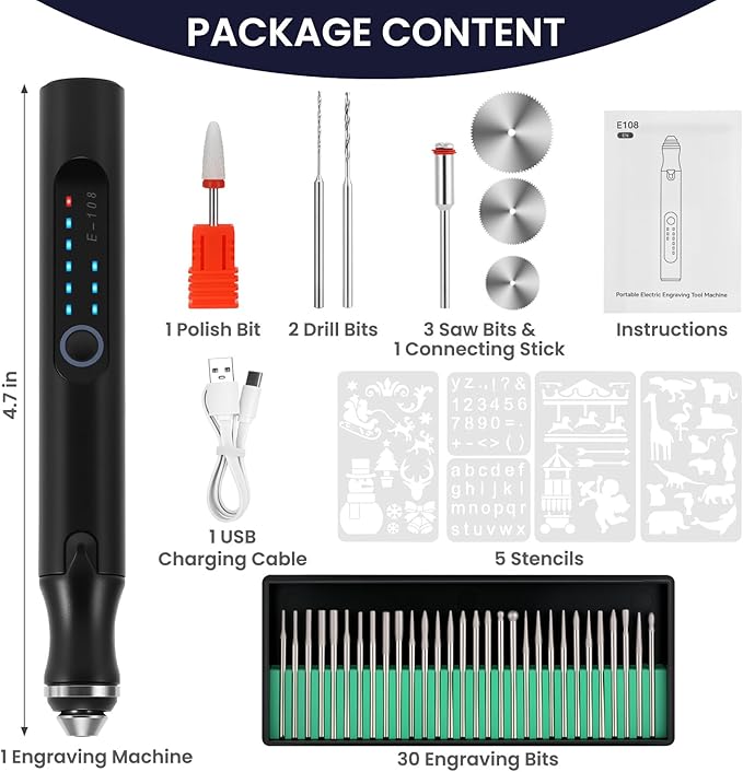 Electric Engraving Pen with 37 Bits, USB Rechargeable Cordless Etching Engraving Tool, Portable DIY Rotary Engraver for Jewelry Wood Glass Stone Carving (Black)