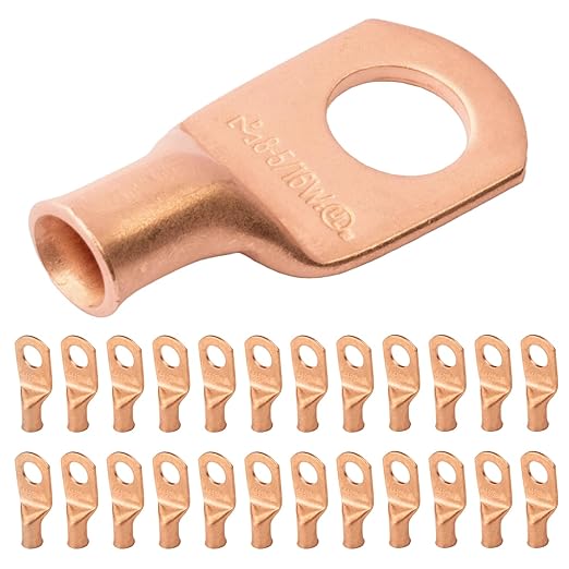 SELTERM 25pcs 8 AWG 5/16" Stud (Wide Pad) Battery Lugs, Ring Terminals, Heavy Duty Copper Wire Lugs, Battery Cable Ends, 8 Gauge Ring Terminal Connectors, UL Bare Copper Eyelets Battery Cable Lugs