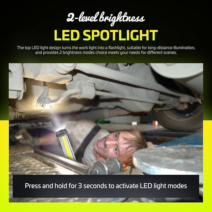 WARSUN 2PC Rechargeable 1500LM COB LED Work Light - Magnetic Hands-Free Trouble Light with Hook, IPX4 Waterproof for Garage Repair, Emergency | Tool Gifts for Men (Yellow)