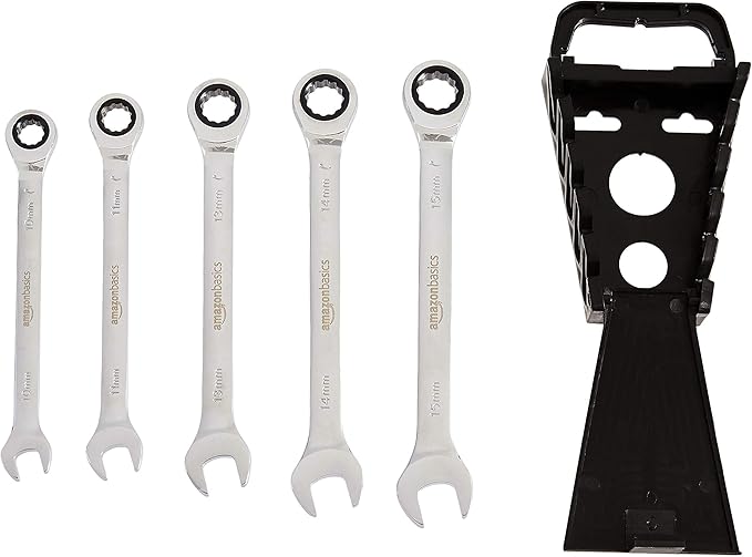 Amazon Basics Ratcheting Wrench Set, Metric, 5 Piece, Black/Silver
