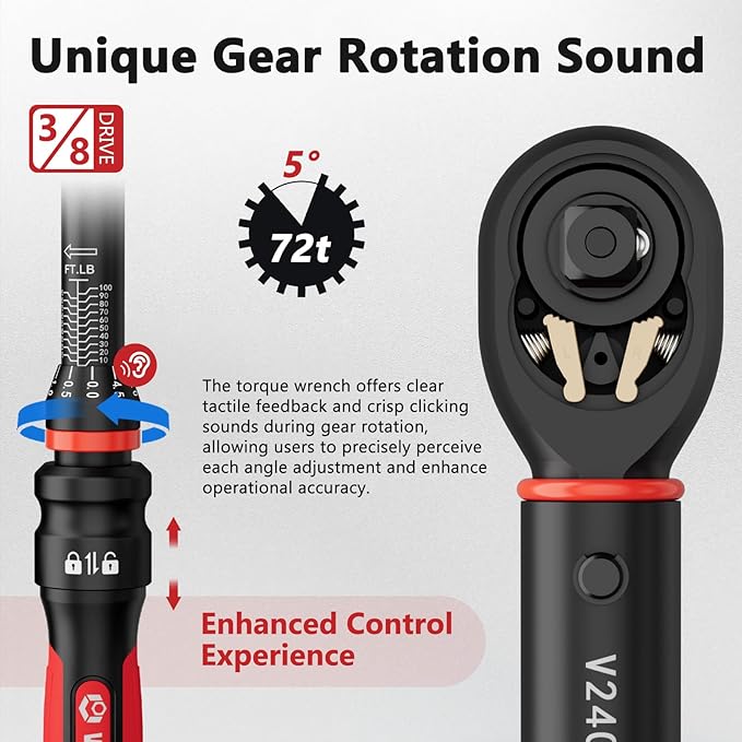Torque Wrench 3/8-Inch Drive, 10-100 Ft-Lb/13.6-135.5Nm Click Adjustment Torque Wrench with 3/8" to 1/2" Adapter, 125mm Extension Bar Motorcycle, Car & Small Machinery Maintenance