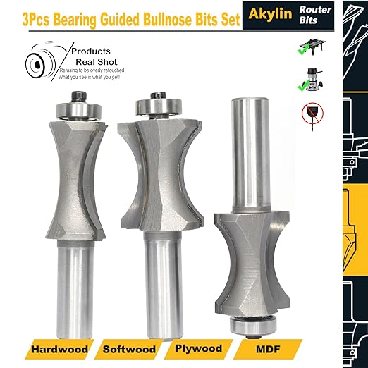 Akylin's 3Pcs Convex Edge Oval Router Bit Set 1/2" Shank, Shallow Bullnose at 1",1-1/8",1-1/4" Length,Convex Column Molding Router Bits-Perfect for Stair Treads and Shelf Edges