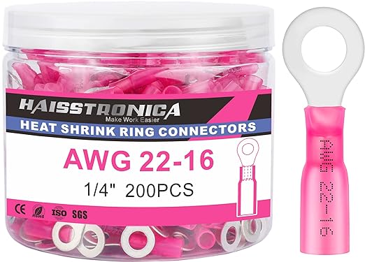 haisstronica 200PCS Heat Shrink Ring Terminals 1/4" Marine Grade Wire Connectors Red AWG 22-16 Gauge, Tinned Red Copper 0.7mm Resistant Ring Connectors, Brazed-Seam Insulated Electrical Crimp