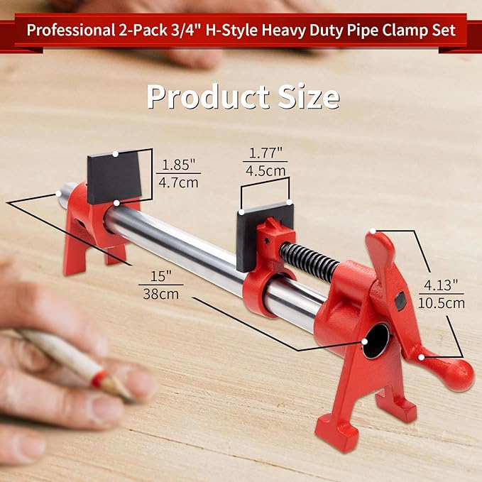 3/4 Inch H-Style Professional Wood Gluing Pipe Clamp Set with Steel Pipe, Heavy Duty 1766 Lbs Load Limit,for Woodworking(2-Pack)