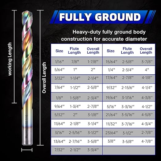 29Pcs Cobalt Drill Bits (1/16"-1/2"), 135 Degree Tip HSS Colorful Titanium Plating with Metal Storage Case, Twist Jobber Drill Bit for Cast Iron, Steel, Hardened Metal, Plastic and Wood