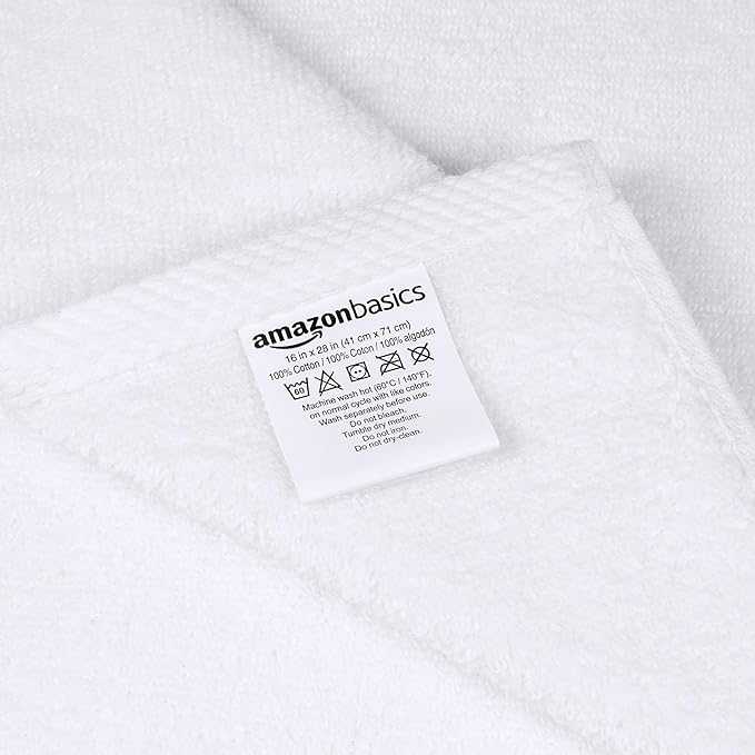 Amazon Basics 100% Cotton Soft, Quick-Dry Absorbent Hand Towels, 8-Pack, White, 28" x 16"