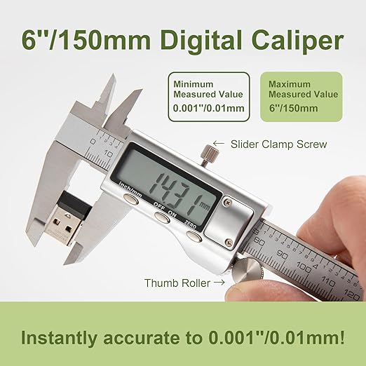 All-Metal Digital Caliper 0-6"Measuring Tool, Micrometer Caliper with Auto-Off Feature, Interchangeable Between inches and millimeters for DIY/Household and 3D Printing