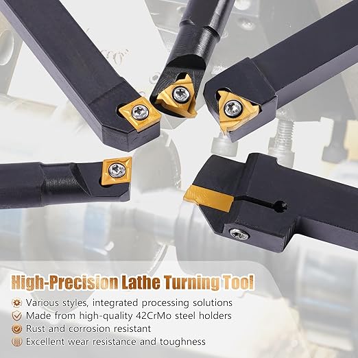 Indexable Lathe Turning Tool 21Pcs Kit 3/8" (10mm) Shank, Includes 7Pcs Metal Lathe Tool Holders and 14Pcs Carbide Inserts for Turning Boring Grooving Cutting Threading Carbide Turning Tool