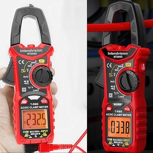 Intendvision Digital Clamp Meter T-RMS 6000 Counts, Amp Clamp Voltage Tester Auto-ranging, NCV AC DC Current Voltage Resistance Capacitance Frequency Diode Temperature Measure Tester HT206D