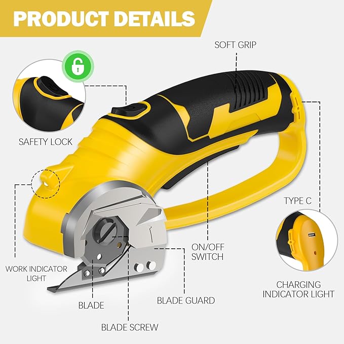 Cordless Electric Scissors, 4V Box Cutter & Cardboard Cutter with Upgrade Blade, LED Light, Safety Lock - Rechargeable Rotary Cutter for Fabric, Leather, Plastic, Crafting, Sewing, Industrial (Yellow)
