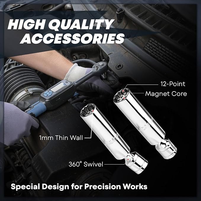 3/8 Torque Wrench Digital (5.02-99.6 Ft.Lb）±2 % Accuracy Digital Spark Plug Socket & Tire Inch Pound Torque Wrench 3/8 Drive with Buzzer and LED Flash Notification Track Mode for Moto Auto Car