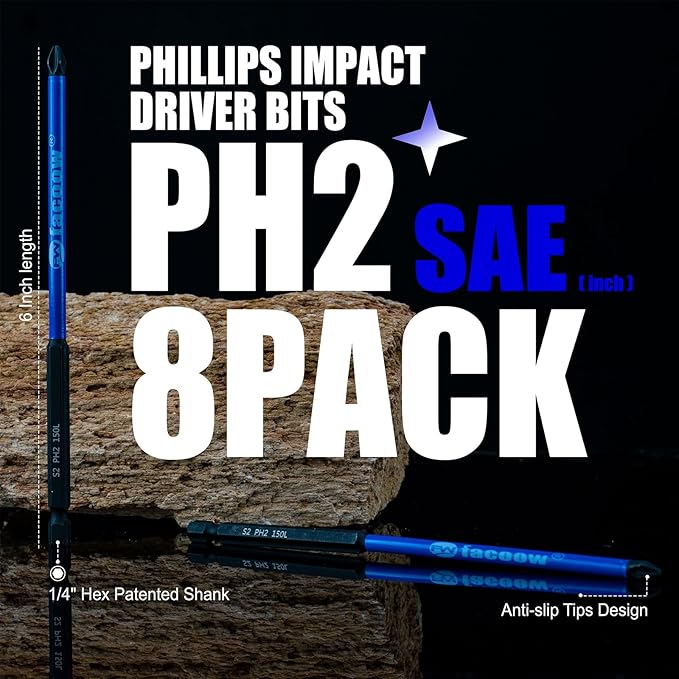 8 Pcs Phillips Head Impact Driver Bits, #2 Phillips Head Screwdriver Bits Set, 6" S2 Alloy Steel Impact Bits, 1/4" Hex Shank Screwdriver Drill Bit, CNC Machined ph2 Impact Drill Bits