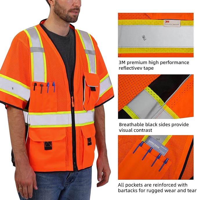 Dib Safety Reflective Mesh Vest ANSI Class 3, High Visibility with Pockets and Zipper, Made with 3M Reflective Tape, Orange M