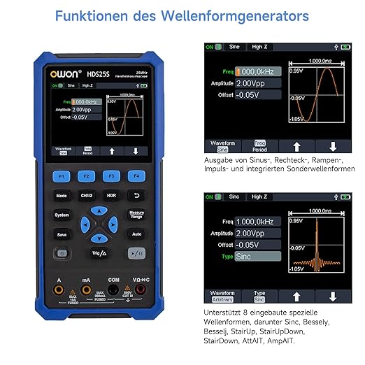 OWON Handheld Oscilloscope, Digital Multi Functional Oscilloscope Multimeters,20000 Counts Portable 3 in 1 Universal Test Instrument, with 3.5 inch LCD Screen Display 2CH 25Mhz Bandwidth HDS25S