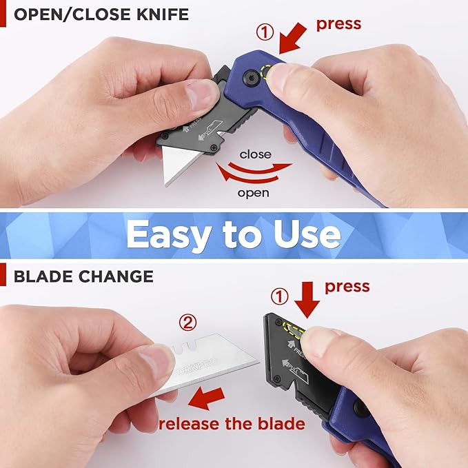 WORKPRO Folding Utility Knife, Quick Change Box Cutter, Razor Knife for Cartons, Cardboard, Boxes, Blade Storage in Aluminum Handle, 13 Extra Blades Included (Blue)