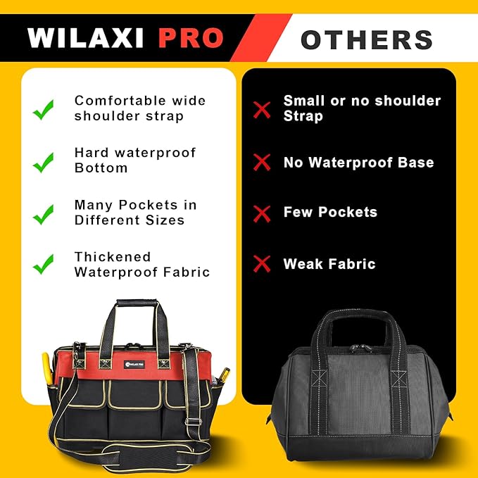 17 in Tool Bag For Men with Waterproof Molded Base, High Capacity Wide Mouth Tote, Construction Worker Electricians Tool Bags, Large Tool Bag Organizer for Men Women (Red)
