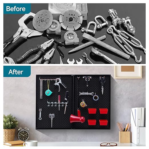 Pegboard kit with Accessories,Includes 2 Pack 16" X 24" Steel Pegboard and 120 PCS Varied Pegboard Accessories,can be Used for Tool Storage and Garage Organization. (Red Box)