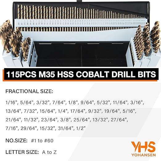 115Pcs Cobalt Drill Bit Set (1/16''-1/2''), M35 High Speed Steel, Twist Jobber Length for Hardened Metal, Stainless Steel, Cast Iron, Wood, and Plastics, with Metal Index Storage Box