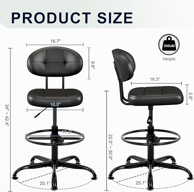 Misolant Armless Drafting Chair, Tall Office Chair no Wheels with Footrest Ring for Standing Desk, Small Faux Leather Executive Vanity Chair with Adjustable Height for Bar Counter Desk Black