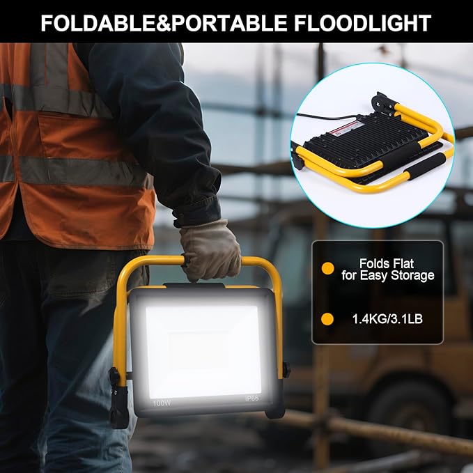 100W 11000LM LED Work Light with 16.5FT Cord, IP66 Waterproof, Portable Flood Light for Construction, Workshop, Garage, and Outdoor Use