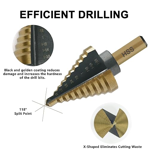 Step Drill Bit Set - Black and Gold, 6 Pcs High Speed Steel Unibit Drill Bits, Stepped Up Bits & Automatic Center Punch, DIY Lovers with Aluminum Case, Total 50 Sizes for Metal