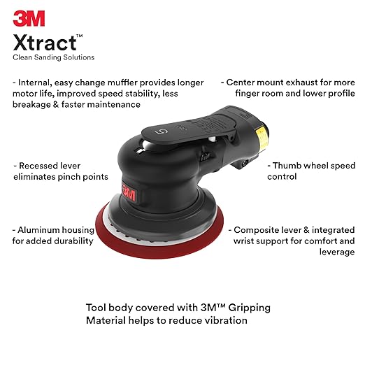3M Pneumatic Random Orbital Sander, 88951, 6 in, Non-Vacuum, 5/16 in Orbit, Lightweight and Comfortable, 12000 RPM, .28 HP (209W) Motor, Variable Speed