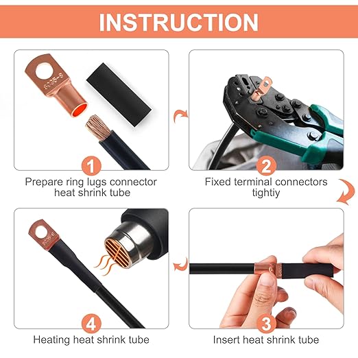 Copper Wire Lugs,Terminal Connectors,Used on AWG12 10 8 6 4 2 Cable,Heat Shrink Set,Bare Copper Eyelets,Ring Terminals Connectors,80Pcs Battery Cable Lugs Ends and 80Pcs Heat Shrink Tubing (160PCS)
