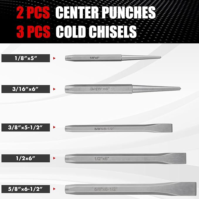 16 Pcs Punch and Chisel Set, Including Taper Punch, Center Punch, Pin Punch, Cold Chisels and Chisel Gauge for Mechanic and Metalworking