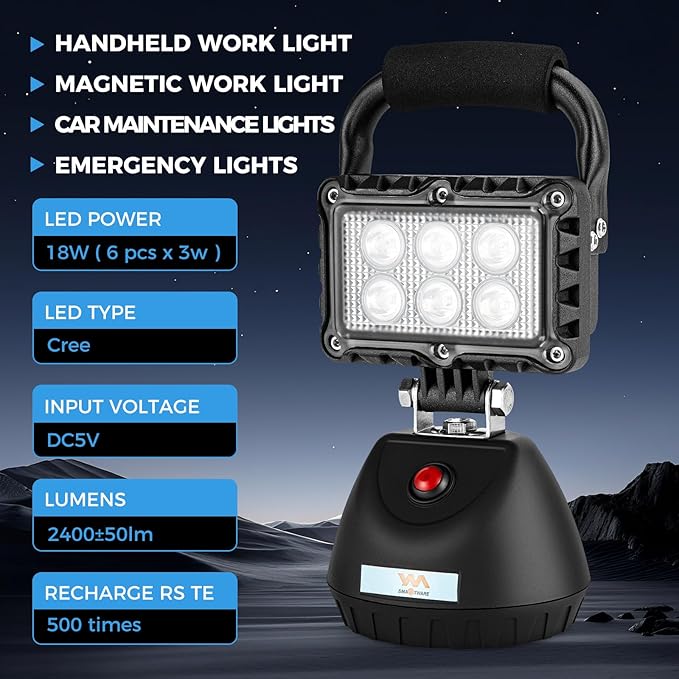 SMA LED 18W Work Light 2400LM Aluminum Alloy Strong Magnetic Waterproof Dustproof Portable Handle Floodlight Suitable for Repair Workshop Garage Construction Site (Black)