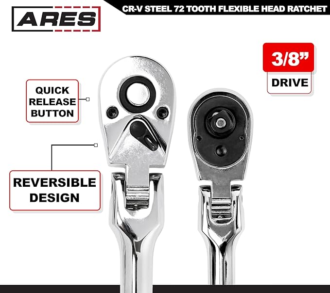 ARES 42026 - Flex Head Ratchet - 3/8-inch Drive 72-Tooth Ratchet - Premium Chrome Vanadium Steel Construction & Chrome Plated Finish - 72-Tooth Quick Release Reversible Design with 5 Degree Swing