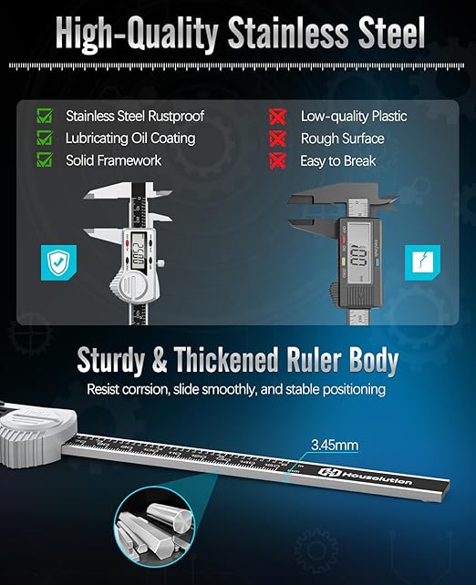 Digital Caliper 8 inch, (ABS) Absolute Scale Caliper, IP54 Caliper Measuring Tool, Inch/MM, Auto-Off LCD Stainless Steel Waterproof Micrometer Vernier Caliper, with Steel Ruler, Silver