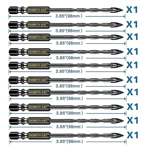 10 Pcs 5/32" Masonry Concrete Drill Bit Set for Tile Brick Glass Plastic Wood, Cross Tungsten Carbide Tip, Hex Shank, Work with Ceramic Porcelain Tile Wall Mirror Paver, 5/32 Inch Drill Bits,4mm