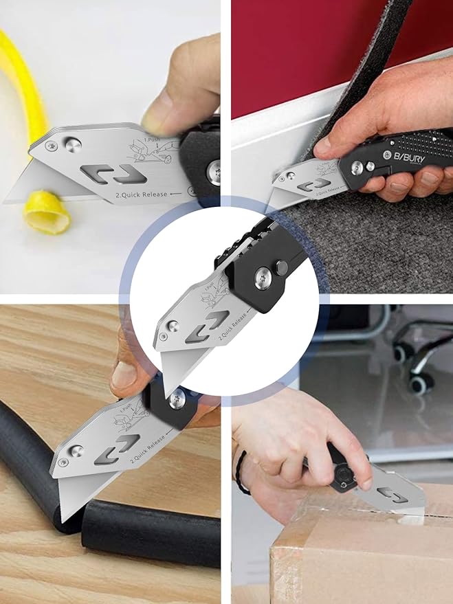 Utility Knife, BIBURY Upgraded Version Heavy Duty Box Cutter, Pocket Carpet knife with 10 Replaceable SK5 Stainless Steel Blades, Belt Clip, Easy Release Button, Quick Change and Safety Lock-Black
