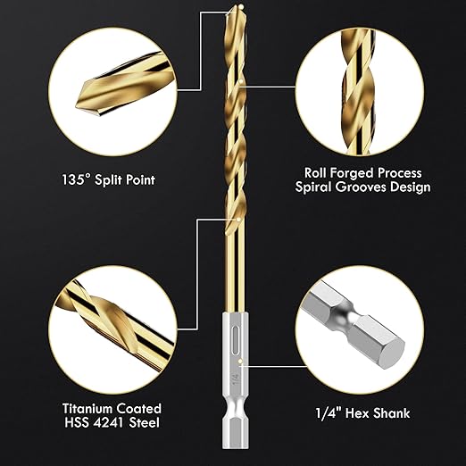 Hex Shank Drill Bit Set, 13Pcs HSS Titanium Twist Drill Bit for Sheet Metal, Wood, Plastic, Quick Change Design (1/16" - 1/4")